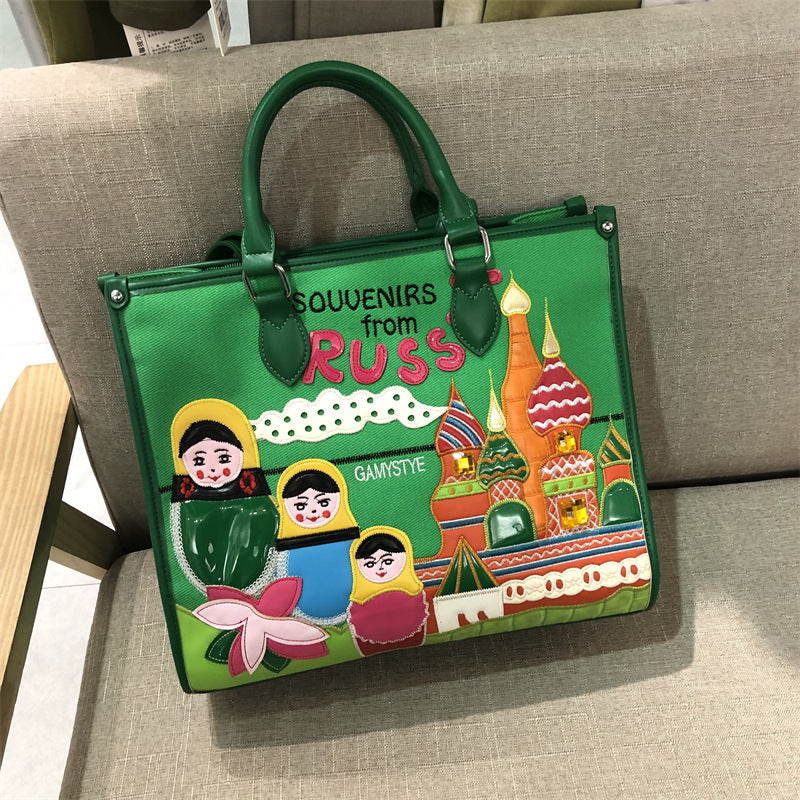 Chrome Heart Leather Bag Splicing Embroidered Tote Bag